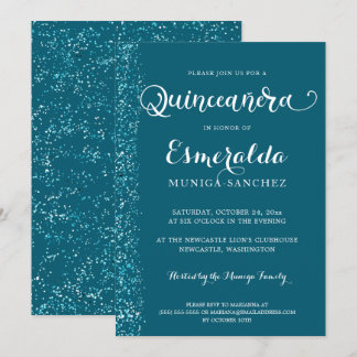 Moderne Aquamarine Blaue Silber Sparkle Quinceaner Einladung