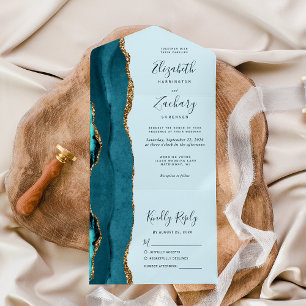 Moderne, Aquamarine Blue Gold Agate Hochzeit All In One Einladung