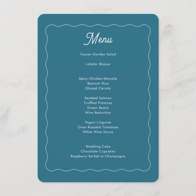 Moderne Aquamarine Blue Wave Frame Script Hochzeit Menükarte (Vorderseite)