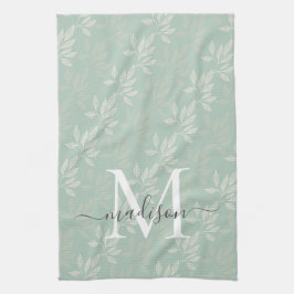 Moderne Aquamarine botanische Blätter Monogrammsch Geschirrtuch