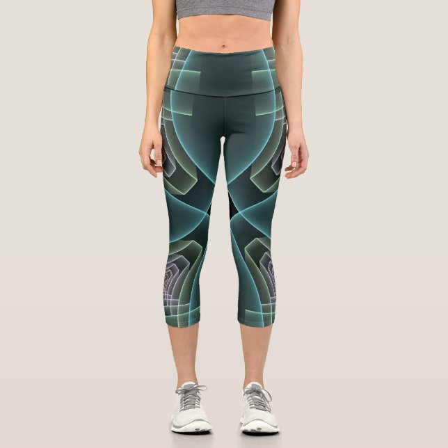 Moderne Aquamarine geometrische Fraktal-Grafik Capri Leggings (Vorderseite)