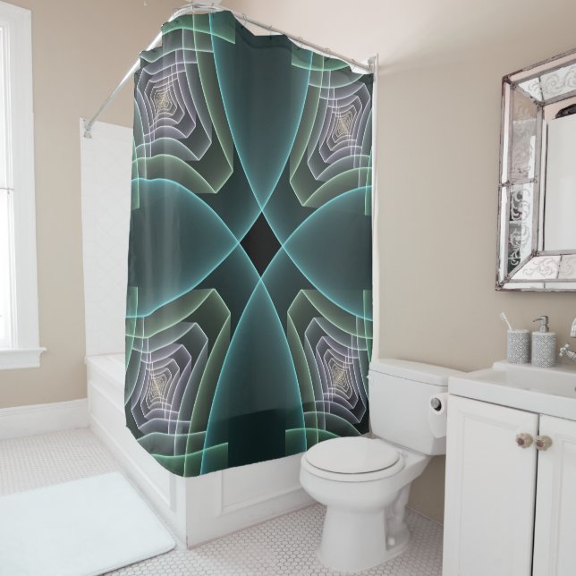 Moderne Aquamarine geometrische Fraktal-Grafik Duschvorhang (Beispiel)
