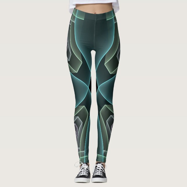 Moderne Aquamarine geometrische Fraktal-Grafik Leggings (Vorderseite)