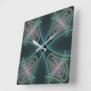 Moderne Aquamarine geometrische Fraktal-Grafik Quadratische Wanduhr