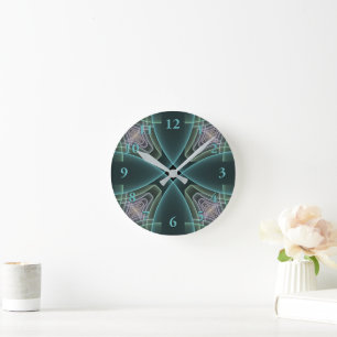 Moderne Aquamarine geometrische Fraktal-Grafik Runde Wanduhr