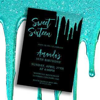 Moderne Aquamarine Glitzer Tropfen Sweet 16 Birthd Einladung