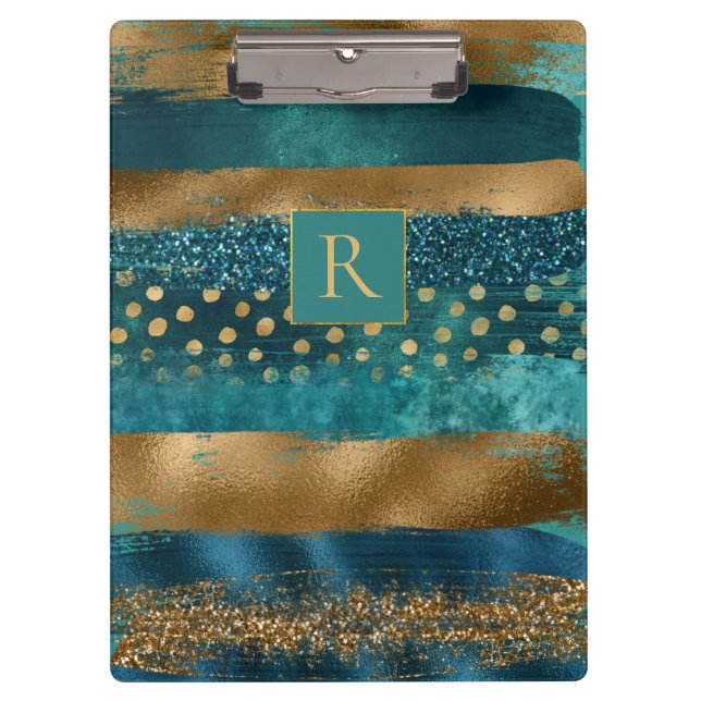 Moderne aquamarine, goldene Pinselstriche und Mono Klemmbrett (Vorderseite)