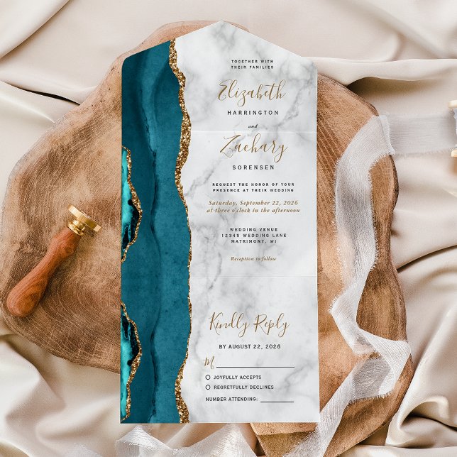 Moderne Aquamarine Goldmarmorhochzeit All In One Einladung (Von Creator hochgeladen)