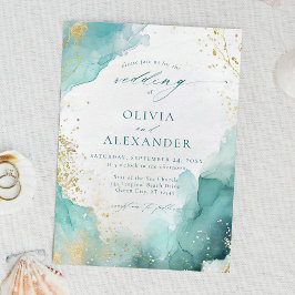 Moderne Aquamarine Goldmedaille Abstrakt Beach Wed Einladung