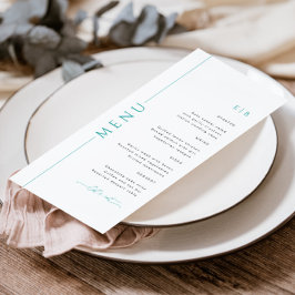 Moderne Aquamarine Hochzeitsmenüs mit Monogramm Menükarte