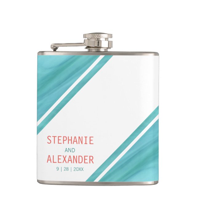 Moderne Aquamarine Korallenhochzeit Flachmann (Vorderseite)
