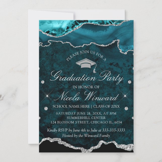 Moderne Aquamarine Marble Agate Graduation Party Einladung (Vorderseite)