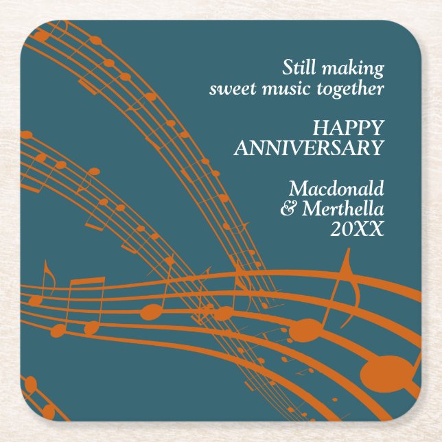 Moderne Aquamarine Orange SWEET MUSIC Happy Jubilä Rechteckiger Pappuntersetzer (Vorderseite)