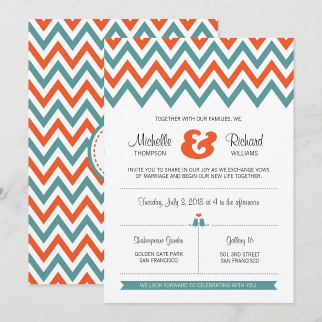 Moderne Aquamarine & orangefarbene Zickzack & Love Einladung (Vorne/Hinten)