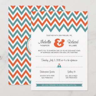 Moderne Aquamarine & orangefarbene Zickzack & Love Einladung