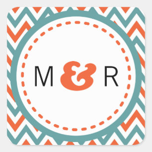 Moderne Aquamarine & orangefarbene Zickzack & Love Quadratischer Aufkleber