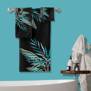 Moderne Aquamarine Palm Blätter Strand Bad Schwarz Badhandtuch Set