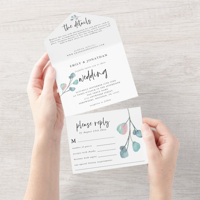 Moderne Aquamarine Rosa Pastel Eukalyptus Wedding All In One Einladung (Abreißen)