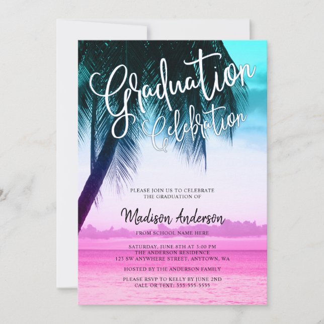 Moderne Aquamarine rosa Tropical Beach Graduation  Einladung (Vorderseite)