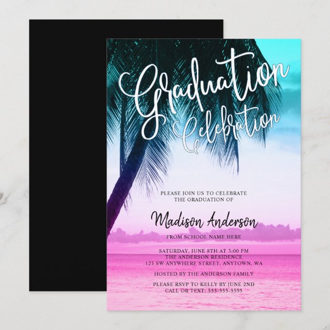 Moderne Aquamarine rosa Tropical Beach Graduation  Einladung (Vorne/Hinten)