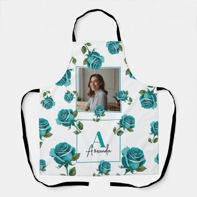 Moderne Aquamarine Rose Monogram Custom Mama Schürze (Vorderseite)
