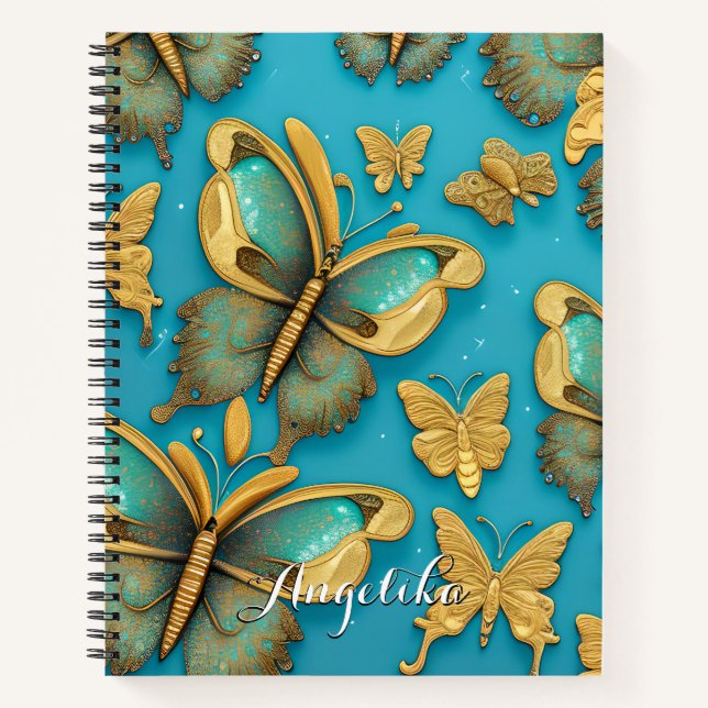 Moderne Aquamarine Schmetterlinge Gold-Glitzer Notizbuch (Vorderseite)
