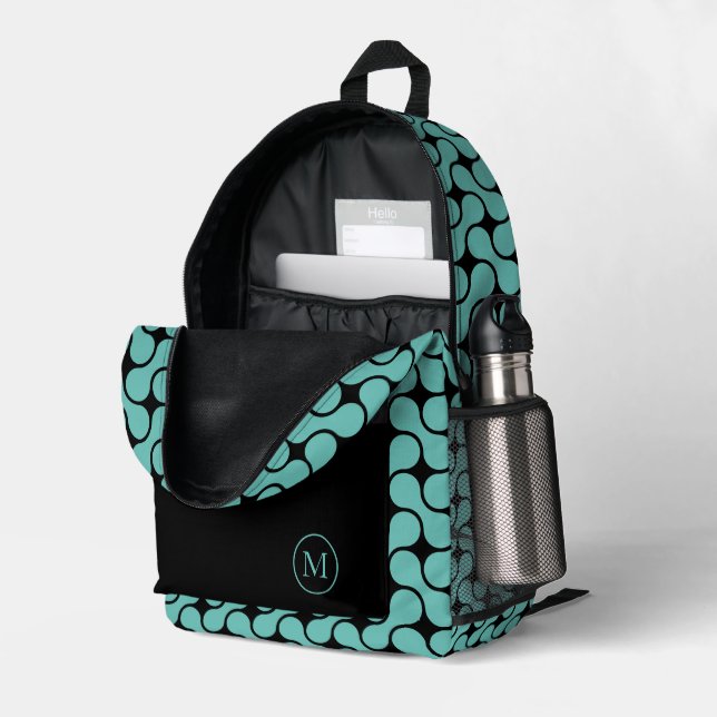 Moderne Aquamarine Schwarze Monogramm Geometrie Bedruckter Rucksack (Rückseitige Ecke links (Offen) )