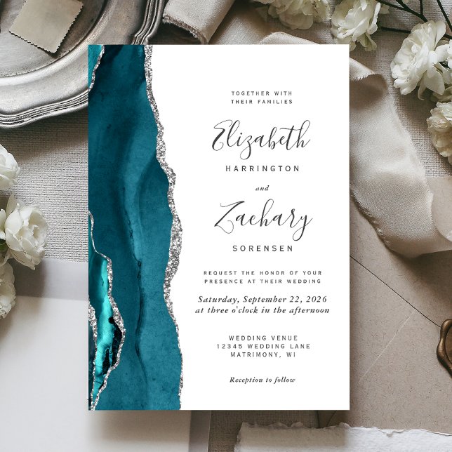 Moderne Aquamarine Silver Agate Hochzeitseinladung Einladung (The perfect choice for a teal and silver themed wedding.)