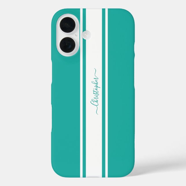 Moderne, Aquamarine Streifen Mit Monogramm Chic iPhone 16 Hülle (Rückseite)