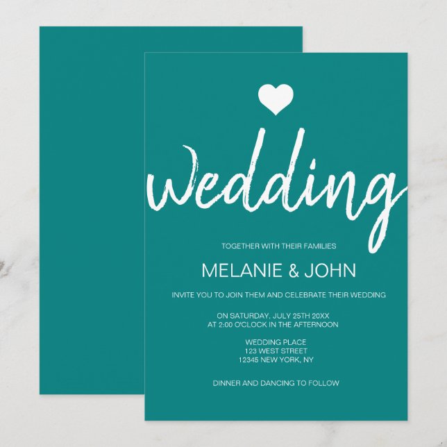 Moderne Aquamarine Typografie Minimale Hochzeit Einladung (Vorne/Hinten)