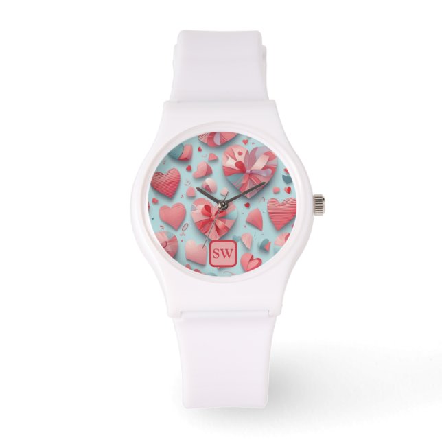 Moderne aquamarine Valentintagsherzen, monogramm Armbanduhr (Vorderseite)