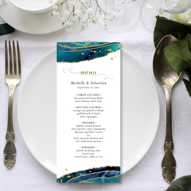 Moderne Aquamarine Wasserfarben Gold Agate Geode W Menükarte (Modern Teal Watercolor Gold Agate Geode Wedding Menu)