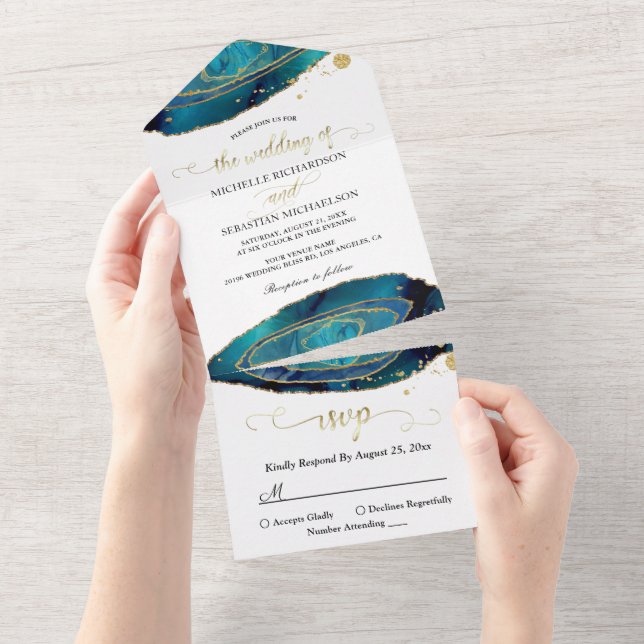 Moderne Aquamarine Wasserfarbengoldene Hochzeit All In One Einladung (Abreißen)