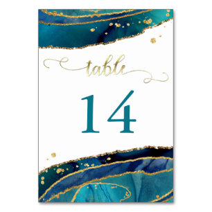 Moderne Aquamarine Wasserfarbengoldene Hochzeit Tischnummer