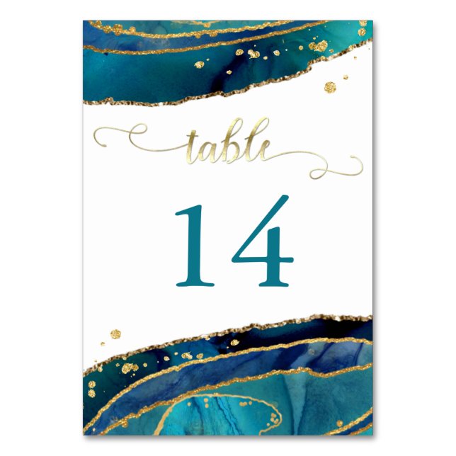 Moderne Aquamarine Wasserfarbengoldene Hochzeit Tischnummer (Vorderseite)