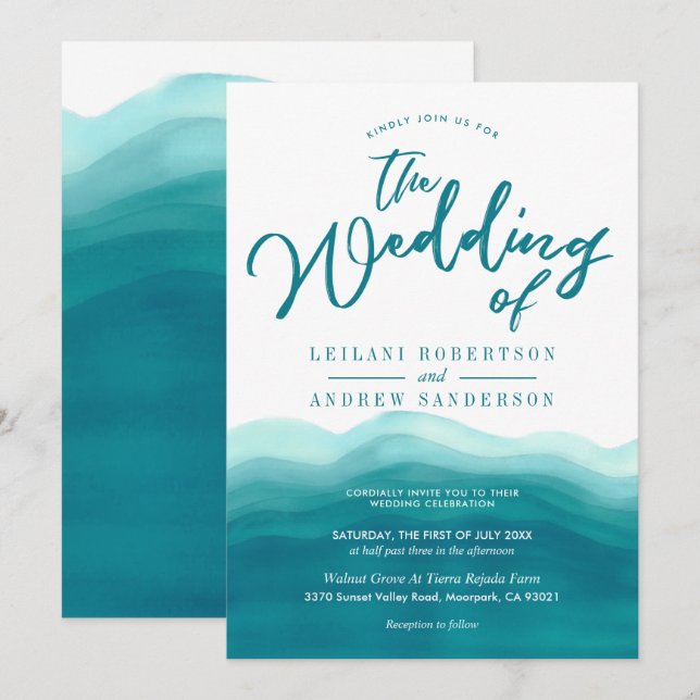 Moderne Aquamarine Wasserfarbenwelle | Hochzeit Einladung (Vorne/Hinten)
