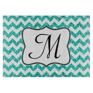 Moderne Aquamarine Zickzack Monogramm-Glasschneide Schneidebrett