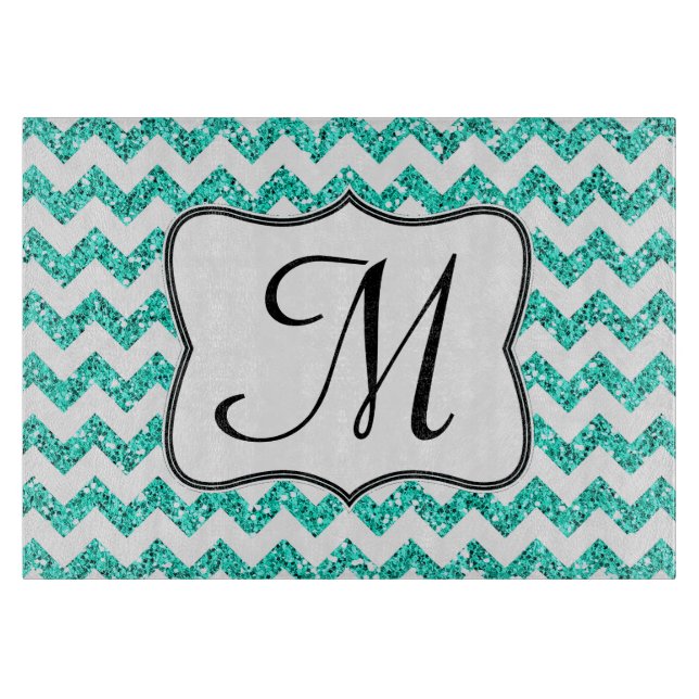Moderne Aquamarine Zickzack Monogramm-Glasschneide Schneidebrett (Vorderseite)