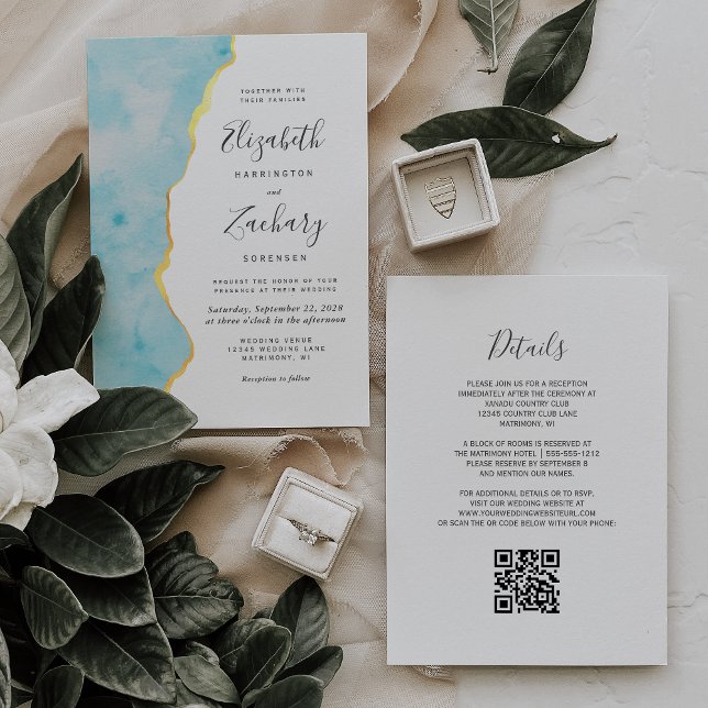 Moderne Aquarell-Aqua-Blau-Achat-QR-Code-Hochzeit Einladung (Von Creator hochgeladen)