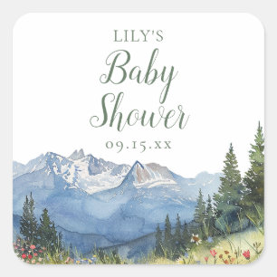 Moderne Aquarell-Berg-Wildblumen-Baby-Party Quadratischer Aufkleber