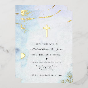 Moderne Aquarell Blau & Gold Tauf Einladung