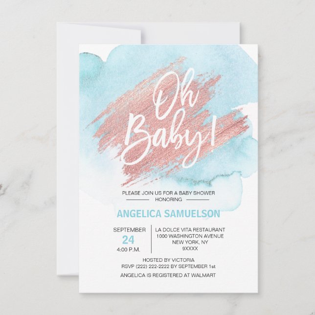 Moderne Aquarell Blue Rose Gold Oh Baby Dusche Einladung (Vorderseite)