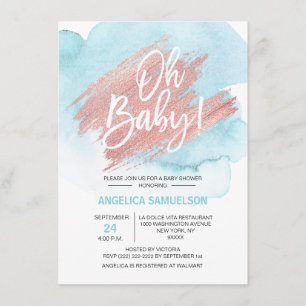 Moderne Aquarell Blue Rose Gold Oh Baby Dusche Einladung