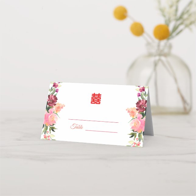 Moderne Aquarell-Blume Chinesische Hochzeit Platzkarte (Vorderseite)