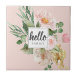 Moderne Aquarell-Blume & Hallo & Name Fliese<br><div class="desc">Moderne Aquarell-Blume & Hallo & Name</div>