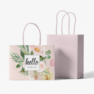 Moderne Aquarell-Blume & Hallo & Name Große Geschenktüte