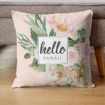 Moderne Aquarell-Blume & Hallo & Name Kissen<br><div class="desc">Moderne Aquarell-Blume & Hallo & Name</div>