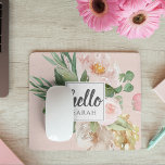 Moderne Aquarell-Blume & Hallo & Name Mousepad<br><div class="desc">Moderne Aquarell-Blume & Hallo & Name</div>