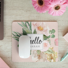 Moderne Aquarell-Blume & Hallo & Name Mousepad