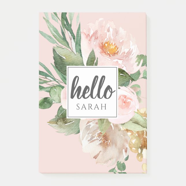 Moderne Aquarell-Blume & Hallo & Name Post-it Klebezettel (Vorderseite)